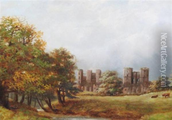 Cottage With Storm Approaching And Castle Ruins Oil Painting - Henry Cheadle