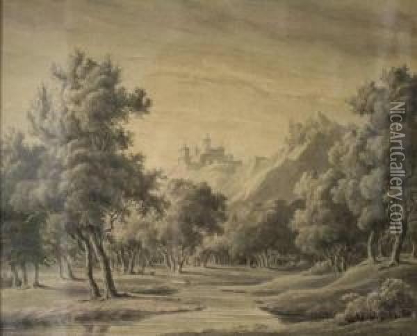 Boomrijk Landschap Met Kasteel Op Bergtop Oil Painting - Maxemiliaan Leonard Kitzinger