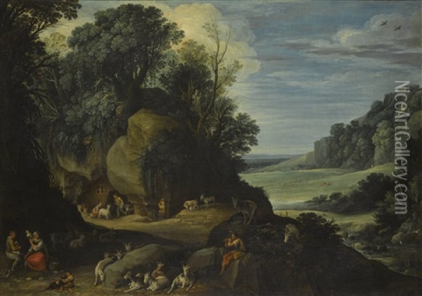 An Extensive Landscape With Herdsmen Resting On A Rocky Outcrop, A Woman Spinning Wool In The Foreground Oil Painting - Paul Bril