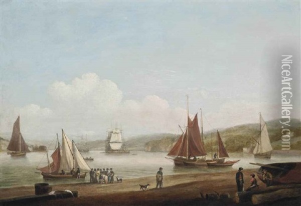 Shipping In The Harbour At Teignmouth, Devon Oil Painting - Thomas Luny