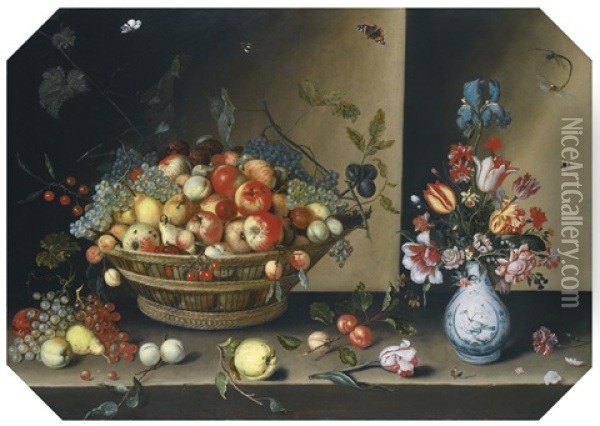 Still Life Of Apples, Pears, Peaches And Plums With Grapes And Walnuts In A Wicker Basket, Together With Flowers, Including Tulips, Irises And Carnations In A Blue And White Vase Upon A Table Top Oil Painting - Johannes Baers