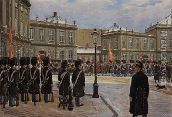 The Royal Guard At Amalienborg Castle Square, Copenhagen Oil Painting - Rasmus Christiansen