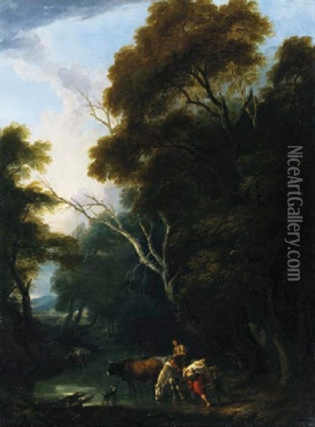 A Wooded Landscape With Drovers At A Ford Oil Painting - Philip James de Loutherbourg