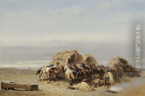 A Herd Of Horses With Shepherds In The Puszta Oil Painting - Alexander Ritter Von Bensa