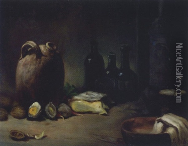 Nature Morte Aux Oignons Et Cruche Oil Painting - Theodule Ribot