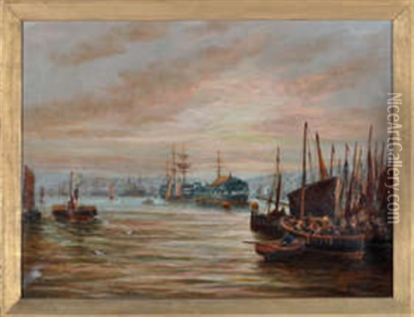 North Shields Harbour With Hms Wellesley At Anchor In The Middle Distance Oil Painting - Bernard Benedict Hemy