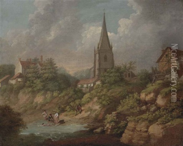 A View Of Monmouth With The Church Of St. Mary's, Bathers In The Foreground Oil Painting - Michel Angelo Rooker