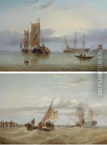 A Naval Two-decker Amidst Barges
 Off The Coast; And Hay Barges Andother Shipping In The Estuary Oil Painting - Henry Redmore