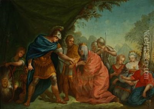 A Scene From The Antiquity With A Commander (alexander The Great?) Greeting A Queen And Her Companions Oil Painting - Hendrik Krock