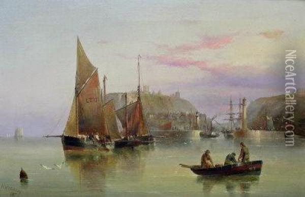 'whitby' - Fishing Boats At The Harbour Mouth Oil Painting - Henry Redmore