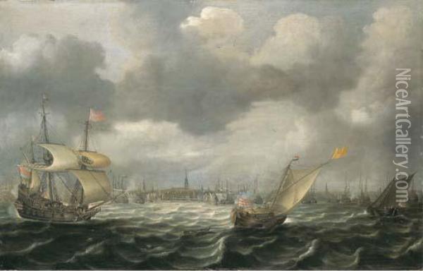 Bateaux Devant Le Port D'amsterdam Oil Painting - Justus de Verwer