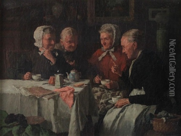 Four Women Taking Tea Oil Painting - Louis Charles Moeller