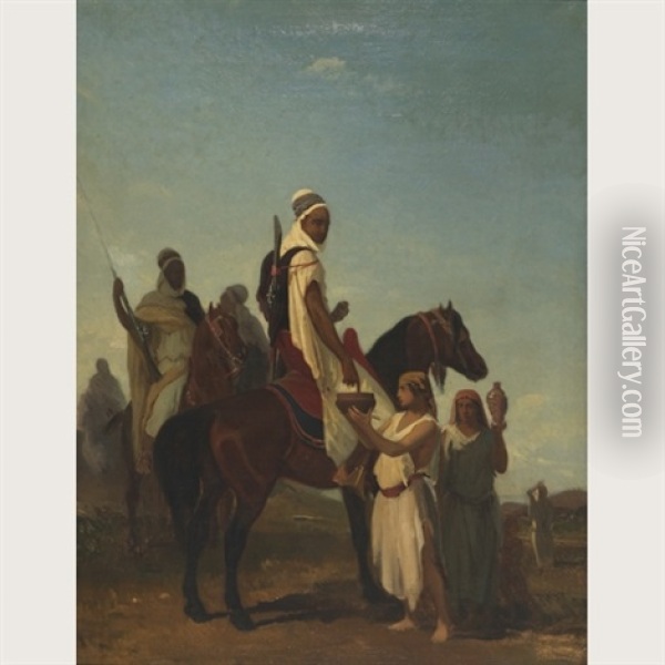 Cavaliers Arabes Acceptant Du Lait Dans Le Desert Oil Painting - Louis Eugene Ginain