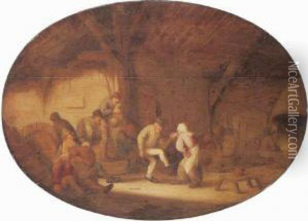 Peasants Dancing In A Barn Interior Oil Painting - Bartholomeus Molenaer