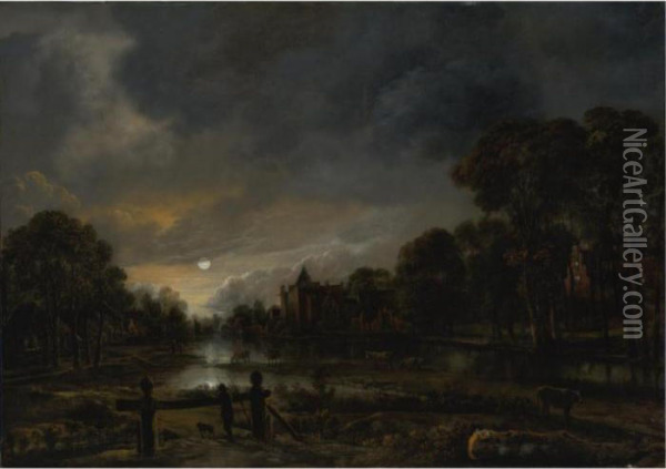 Moonlit River Landscape With Cottages On The Wooded Banks Oil Painting - Aert van der Neer