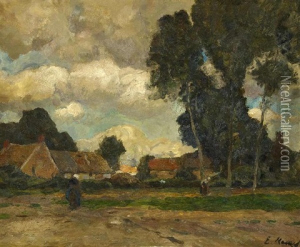 Bauerinnen Vor Einem Dorf Oil Painting - Eugen Kampf
