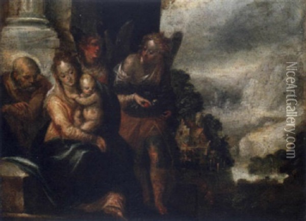 The Holy Family With Two Angels In A Portico, A Landscape Beyond Oil Painting - Hans Von Aachen