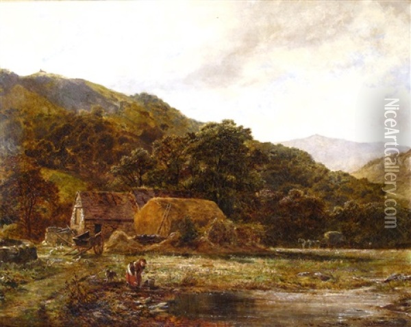 A Woman Fetching Water From A River By A Farmstead Oil Painting - Robert Gallon