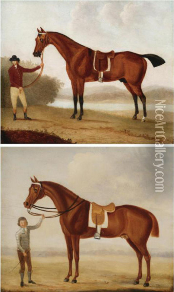 A Chestnut Racehorse Held By A Jockey; And A Bay Racehorse Held By A Groom Oil Painting - Benjamin Barker