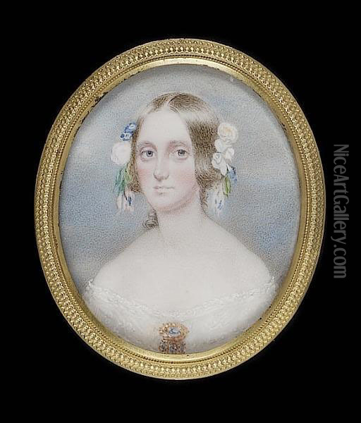 Anne Caroline Perceval, Later Mrs Houstoun, Wearing White Dress With Gold Brooch Ar Her Corsage, Flowers In Her Hair Oil Painting - James Holmes Junior