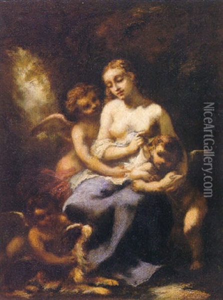 Young Nymph And Three Cupids Oil Painting - Eugene Diaz De La Pena