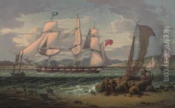 An Armed Merchantman Making Her Way Down The Clyde Past The 'tailof The Bank' Oil Painting - Robert Salmon