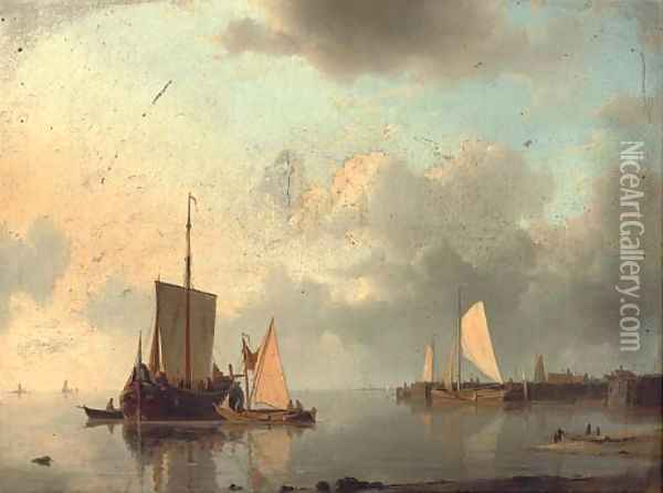 Barges on the estuary in the evening light Oil Painting - Abraham Hulk Snr