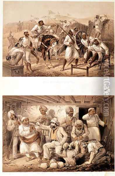Two scenes of the Indian Mutiny in 1857 depicting mutinous sepoys and an English agent extracting treasure after the occupation of Delhi Oil Painting - George Franklin Atkinson
