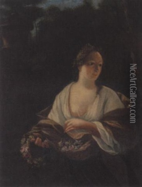 Portrait Einer Junge Dame Mit Blutenkranz Oil Painting - Constantyn Netscher