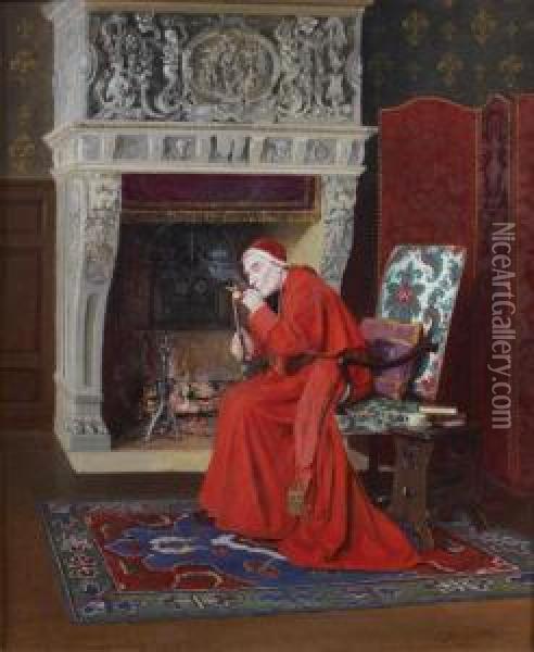 Cardinal Fumant Devant Une Cheminee Oil Painting - Victor Marais-Milton
