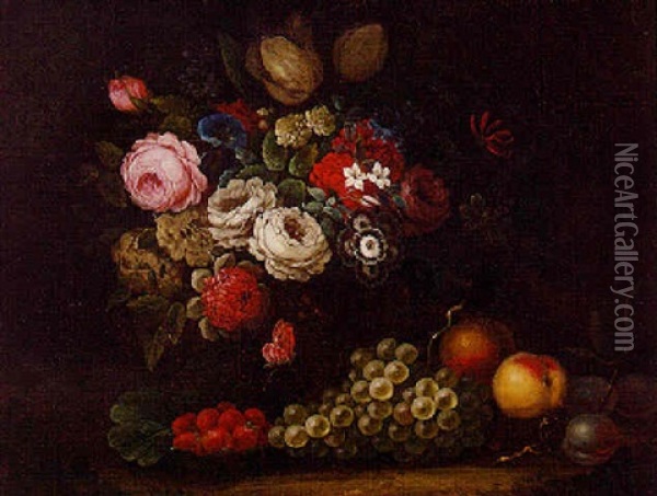 Roses, Tulips And Other Flowers In An Urn, With Fruits And A Butterfly Oil Painting - William Beardmore