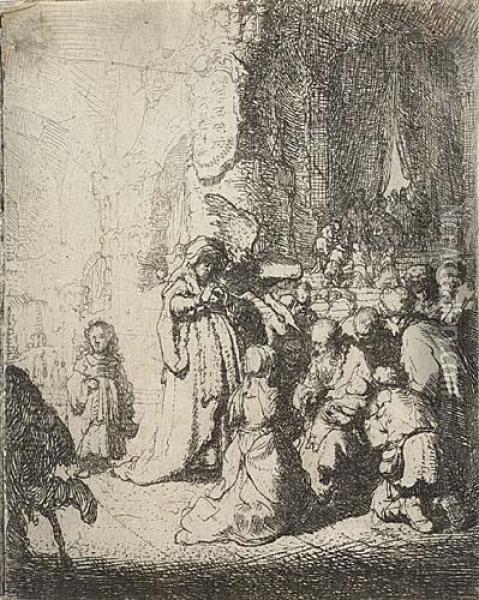 The Presentation In The Temple With An Angel: Small Plate Oil Painting - Rembrandt Van Rijn