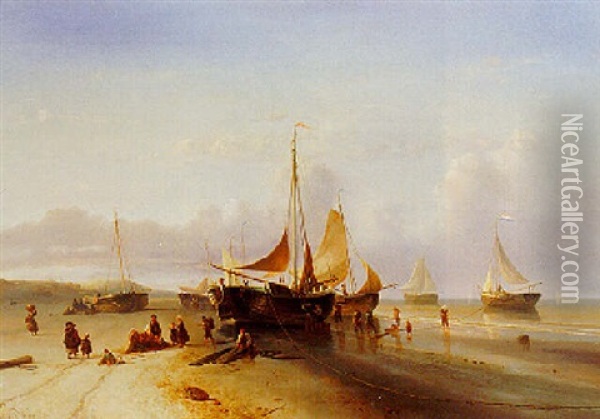 Fisherfolk Unloading The Catch Oil Painting - Maurits Verveer