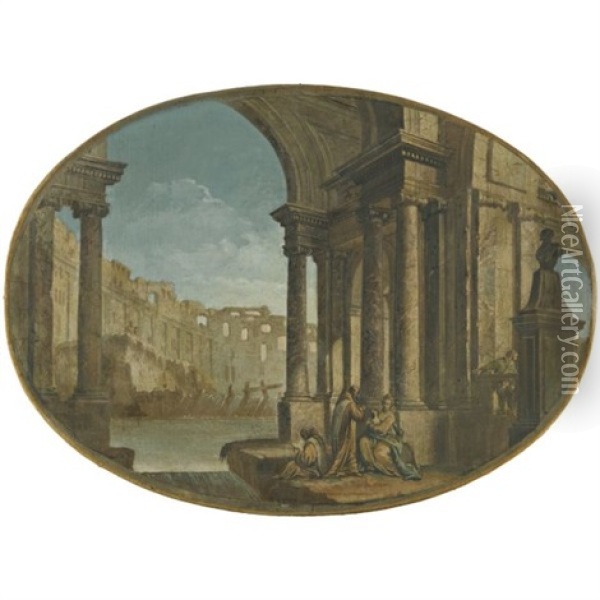 An Architectural Capricci With Figures In The Foreground Oil Painting - Pietro Paltronieri