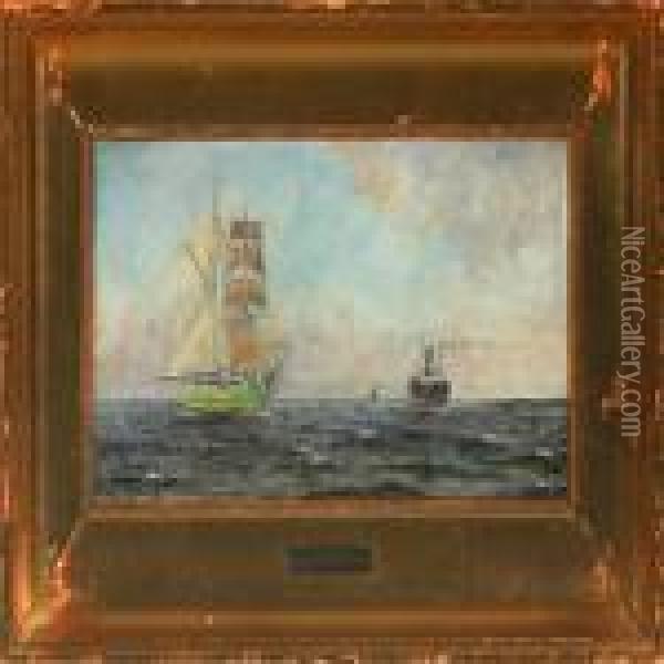 Sailing- And Steamships At Sea Oil Painting - Albert Edward Wang