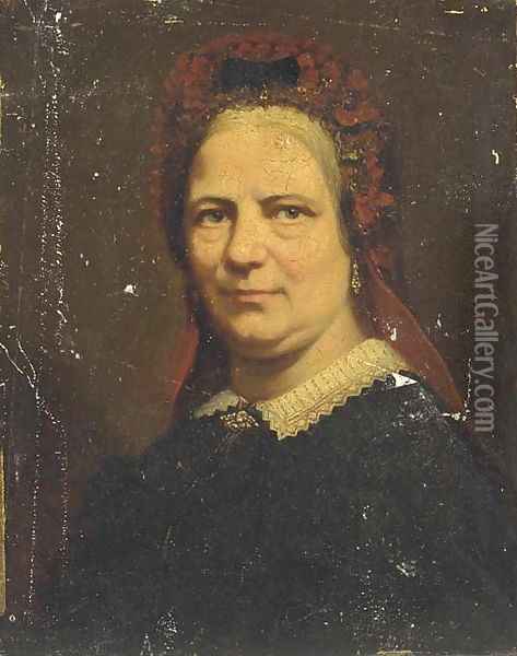 Portrait of a lady, bust-length, with a red head-dress Oil Painting - Continental School
