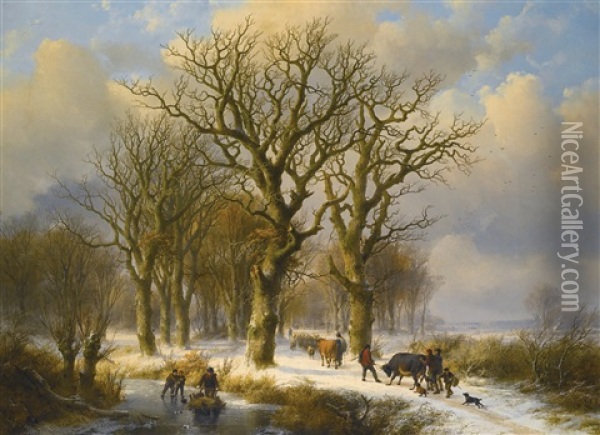 Winter Landscape With Cattle Drivers Oil Painting - Johann Bernard Klombeck