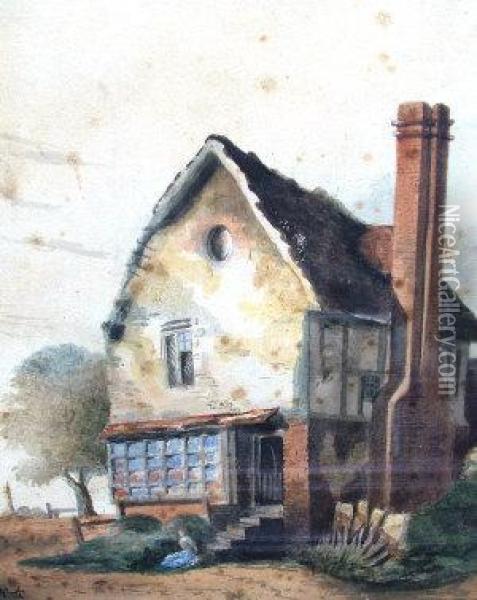 Figure On The Steps Of A Cottage; Watercolour, Bears Signature, 20.8x17.8cm Oil Painting - Peter de Wint