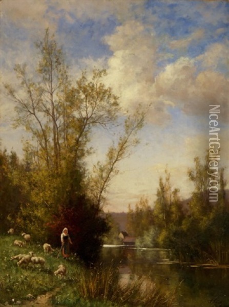 Schaferin Am Fluss Oil Painting - Adrien Schulz