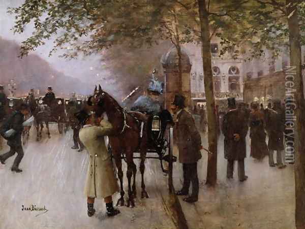 The Boulevards, Evening in Front of the Cafe Napolitain Oil Painting - Jean-Georges Beraud