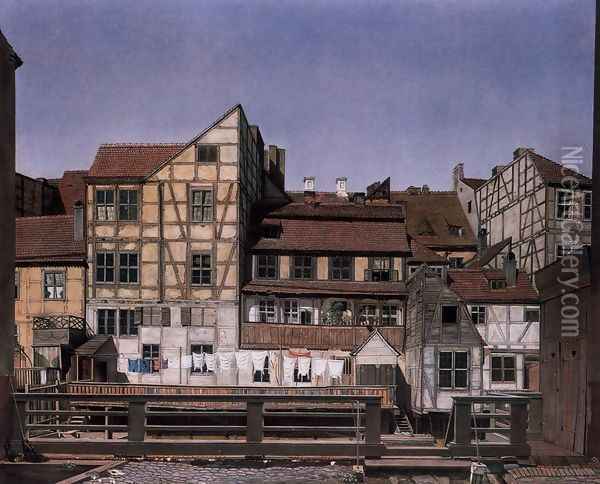 Houses at a Millrace 1820 Oil Painting - Ludwig Deppe