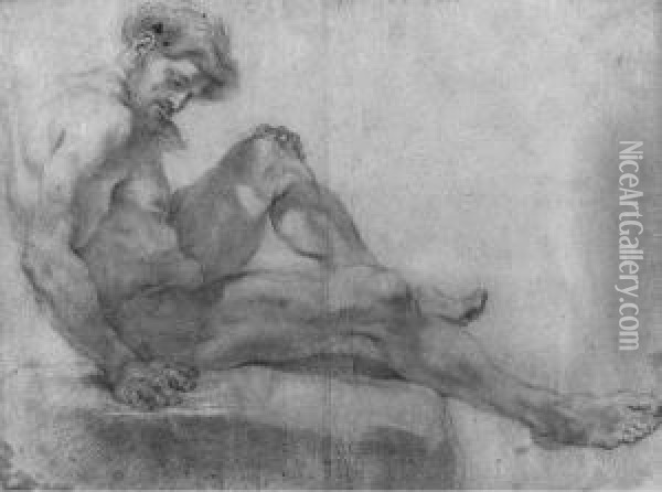 A Nude Seated On A Rock Oil Painting - Giovanni Battista (Baciccio) Gaulli