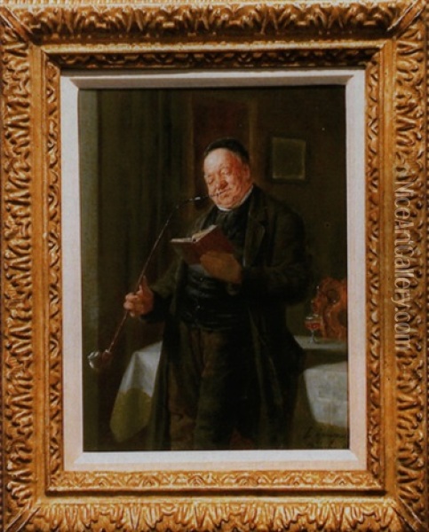 Mann Ein Buch Lesend Und Eine Lange Pfeife Rauchend Oil Painting - Eduard von Gruetzner
