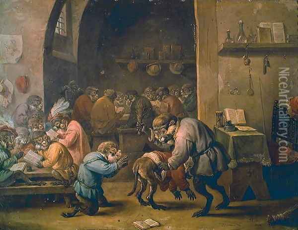 The Monkeys at School Oil Painting - David The Younger Teniers