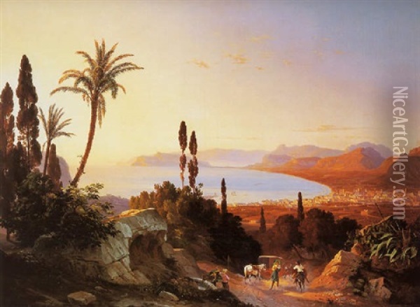 Gulf Of Palermo Looking Towards Cape Zafferano Oil Painting - Carl (Karl) Wilhelm Goetzloff