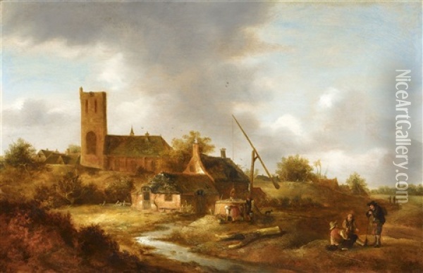 Village Scene With Well Oil Painting - Jan Vermeer van Haarlem the Younger