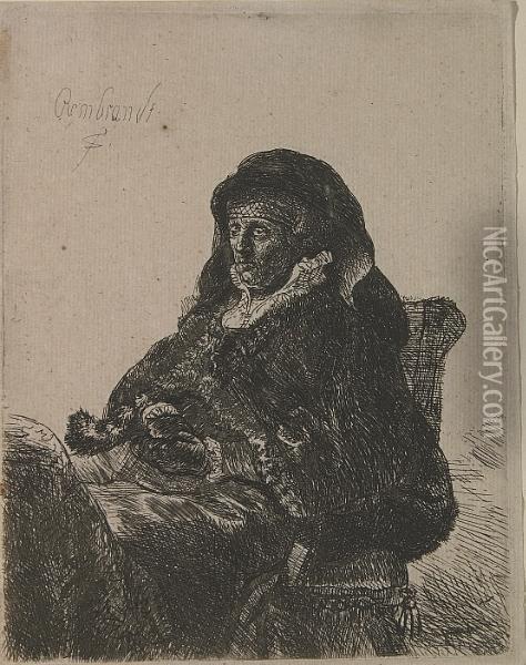 The Artist's Mother In Widow's Dress Andblack Gloves Oil Painting - Rembrandt Van Rijn