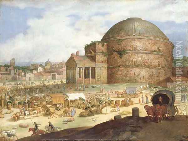 A view of the Pantheon, Rome, with townsfolk at a market Oil Painting - Willem van, the Younger Nieulandt