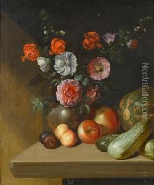 Roses, Delphiniums, Red Turban Cap Lillies And Other Flowers In A Pewter Vase With Apples, Plums And Marrows On A Stone Ledge Oil Painting - Simon Peter Tilemann