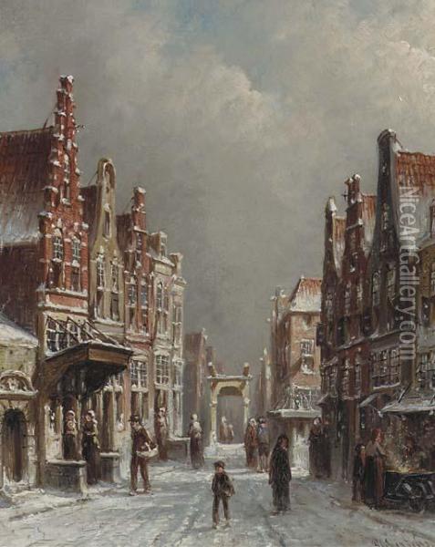 A Snowcovered Street In Alkmaar Oil Painting - Pieter Gerard Vertin